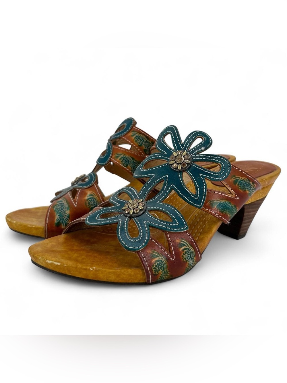 Spring Step teal & brown floral heels